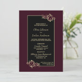 Gedetailleerde Elegant Black Burgundy Gold Wedding Kaart (Staand voorkant)