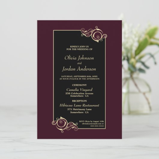 Gedetailleerde Elegant Black Burgundy Gold Wedding Kaart (Staand voorkant)
