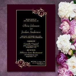 Gedetailleerde Elegant Black Burgundy Gold Wedding Kaart