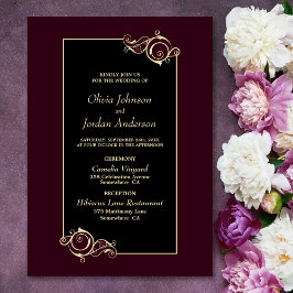 Gedetailleerde Elegant Black Burgundy Gold Wedding Kaart