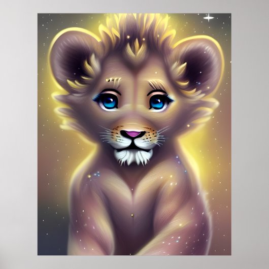Gedetailleerde Fantasy Cute Kawaii baby lion cub Poster (Voorkant)
