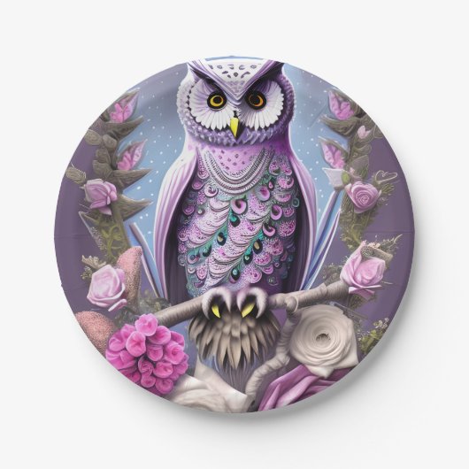 Gedetailleerde Fantasy Owl op een bed van Thorns Papieren Bordje (Voorkant)