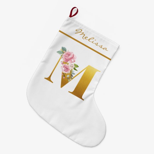 Gedetailleerde Floral Monogram Letter M Botanical Grote Kerstsok (Voorkant (Hangend))