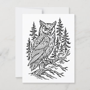 Gedetailleerde gehoornde uil in dennenbos lijnkuns briefkaart