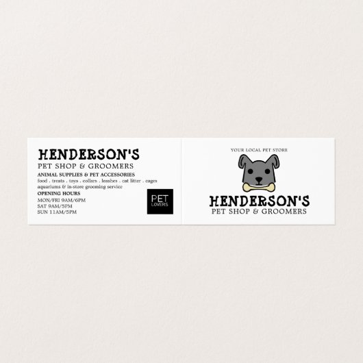 Gedetailleerde grijze hond met bot, huisdierwinkel visitekaartje (Buitenkant ongevouwen)