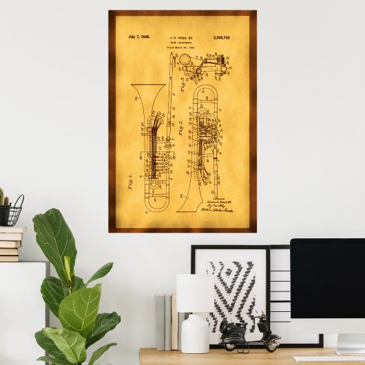 Gedetailleerde Hi res Trombone Patent art Poster (Thuiskantoor)