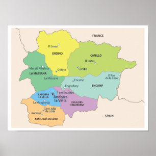 Gedetailleerde kaart van Andorra-regio's Poster
