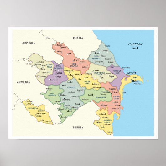 Gedetailleerde kaart van Azerbeidzjan regio's Poster (Voorkant)