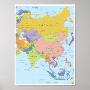 Gedetailleerde kaart van Azië Continent Poster