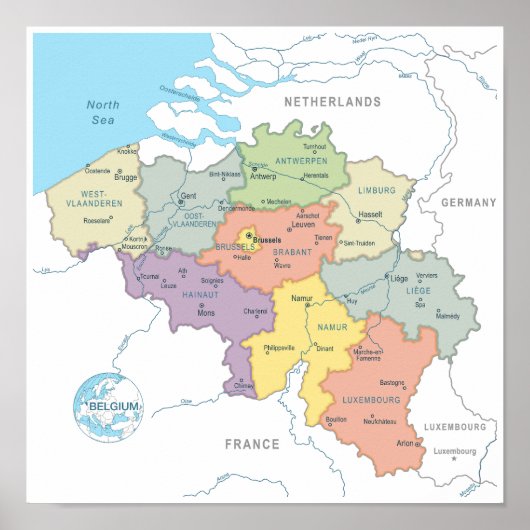 Gedetailleerde kaart van België Poster (Voorkant)