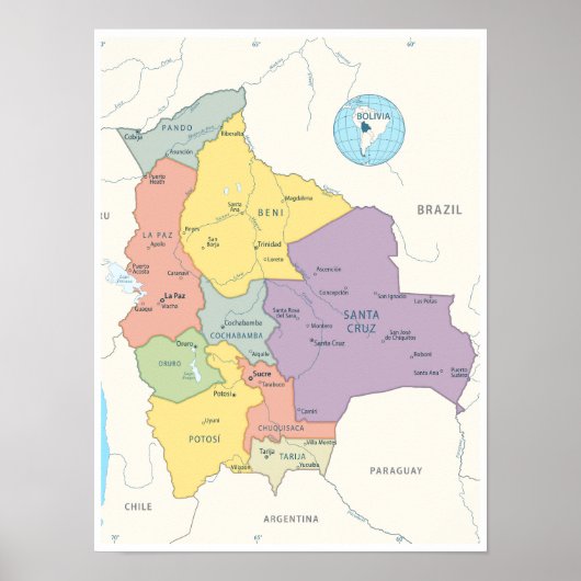 Gedetailleerde kaart van Bolivia Poster (Voorkant)