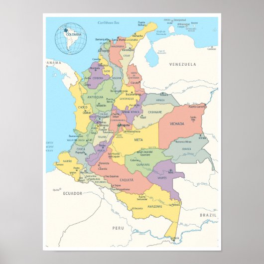 Gedetailleerde kaart van Colombia Poster (Voorkant)