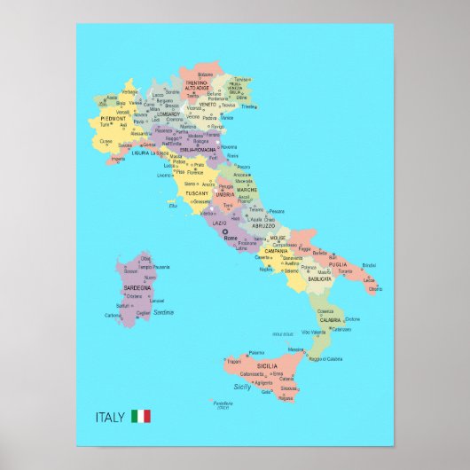 Gedetailleerde kaart van de Italiaanse regio's Poster (Voorkant)