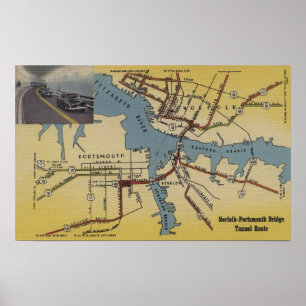 Gedetailleerde kaart van de Norfolk-Portsmouth Bri Poster