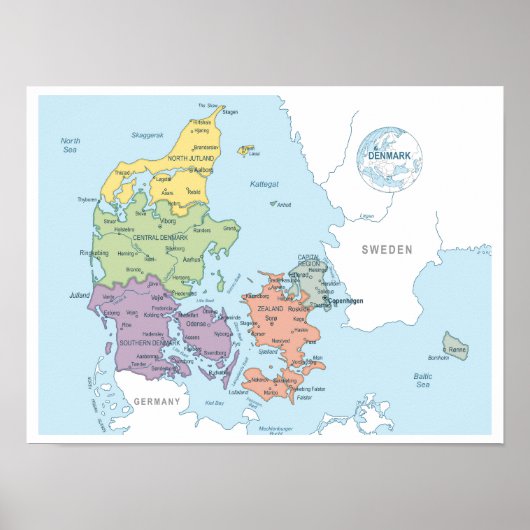 Gedetailleerde kaart van Denemarken Poster (Voorkant)