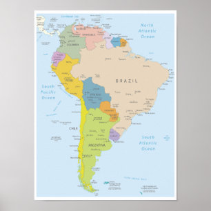 Gedetailleerde kaart van het Zuid-Amerikaanse cont Poster