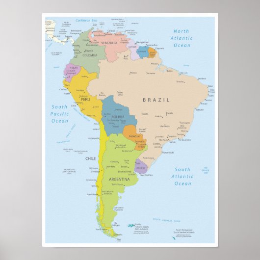 Gedetailleerde kaart van het Zuid-Amerikaanse cont Poster (Voorkant)
