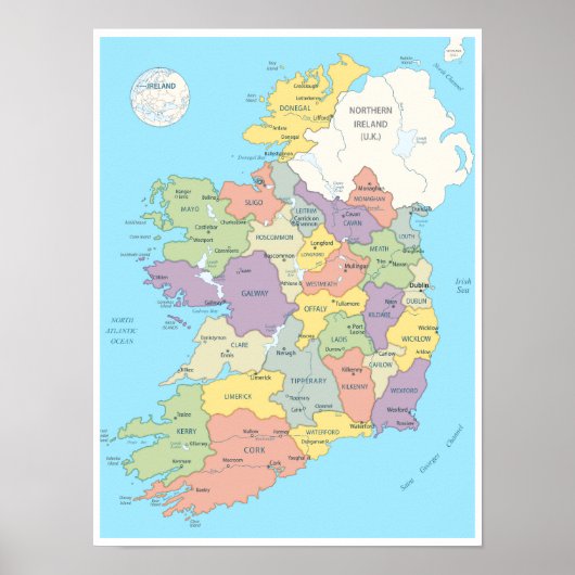 Gedetailleerde kaart van Ierland Poster (Voorkant)