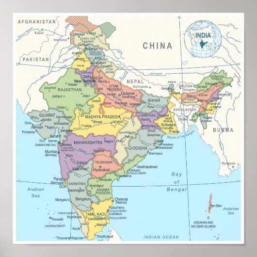 Gedetailleerde kaart van India Poster (Voorkant)