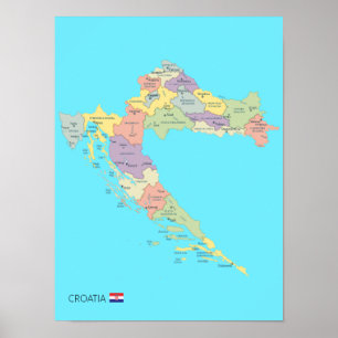 Gedetailleerde kaart van Kroatië Regio's Poster