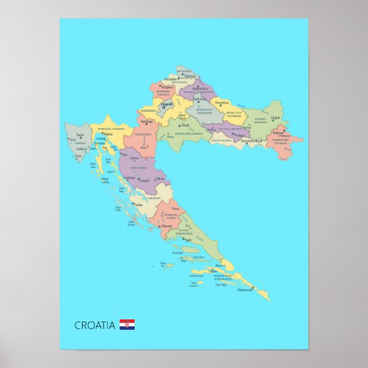 Gedetailleerde kaart van Kroatië Regio's Poster (Voorkant)