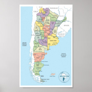 Gedetailleerde kaart van regio's in Argentinië Poster