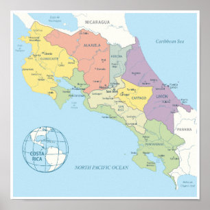 Gedetailleerde kaart van regio's in Costa Rica Poster