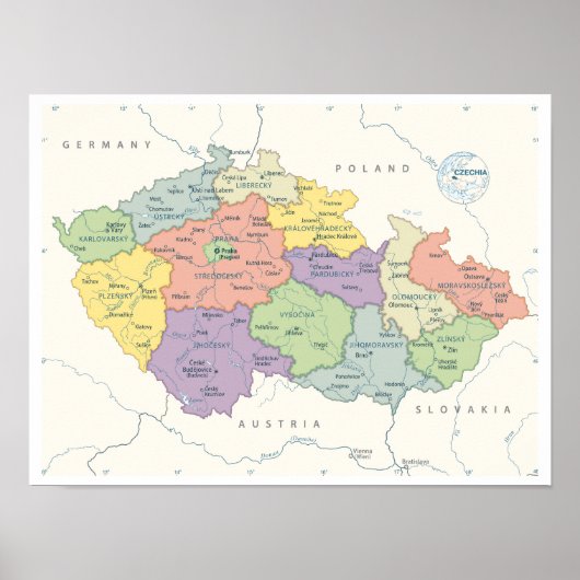 Gedetailleerde kaart van Tsjechië Poster (Voorkant)