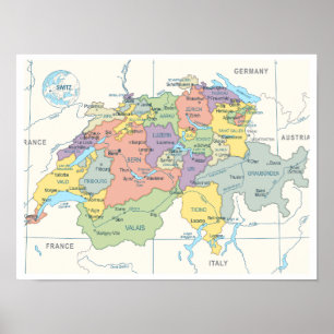 Gedetailleerde kaart van Zwitserland Poster