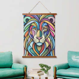 Gedetailleerde kleurrijke leeuwenkop hangend wandkleed