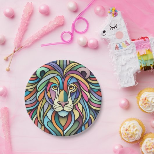 Gedetailleerde kleurrijke leeuwenkop papieren bordje (Feest)