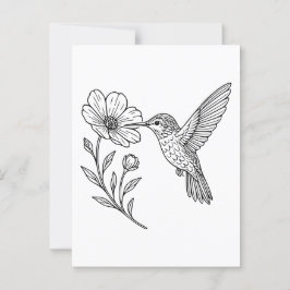 Gedetailleerde kolibrie-lijn kunst met wilde bloem briefkaart