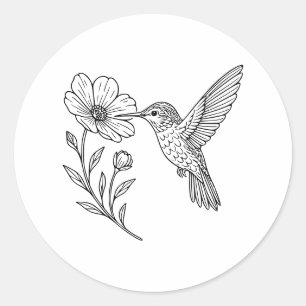 Gedetailleerde Kolibrie Lijnkunst met Wilde Bloem Ronde Sticker