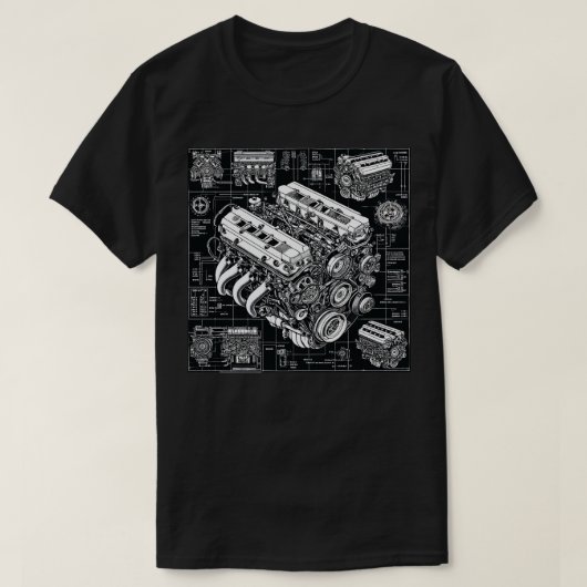 Gedetailleerde motorblauwdruk t-shirt (Design voorkant)