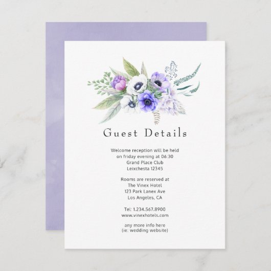 Gedetailleerde pastel Violet Floral Weddenschap Informatiekaartje (Voorkant / Achterkant)