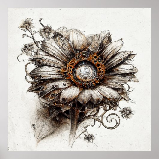 Gedetailleerde Steampunk Daisy Sketch in Pencil-Po Poster (Voorkant)