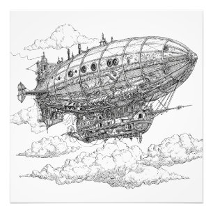 Gedetailleerde  Steampunk Dirigibel Tekening Foto Afdruk