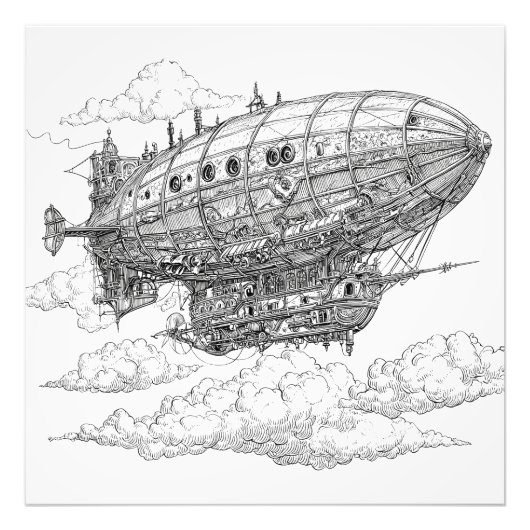 Gedetailleerde  Steampunk Dirigibel Tekening Foto Afdruk (Voorkant)