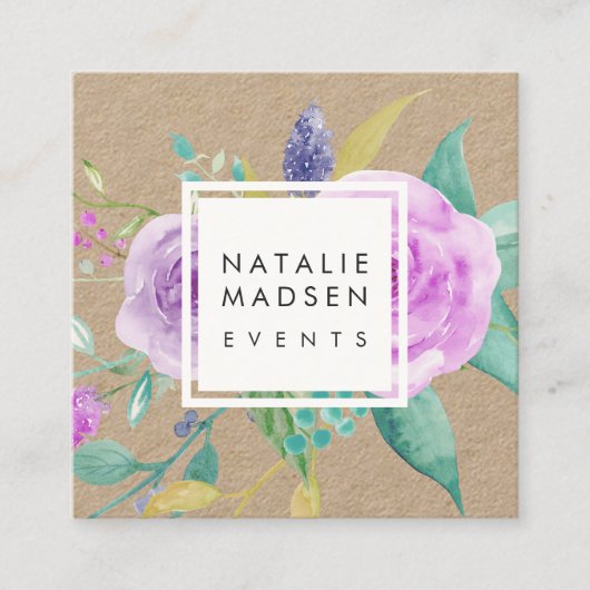 Gedetailleerde Violet Floral Kraft Vierkante Visitekaartje (Voorkant)