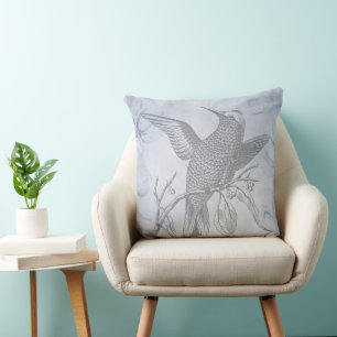 Gedetailleerde vogel lijntekening kunst pastelblau kussen
