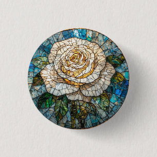 Gedetailleerde Witte Roos Mooie Glas-in-Lood Kunst Ronde Button 3,2 Cm
