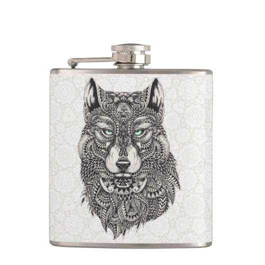 Gedetailleerde Wolf Portretillustratie Heupfles (Voorkant)