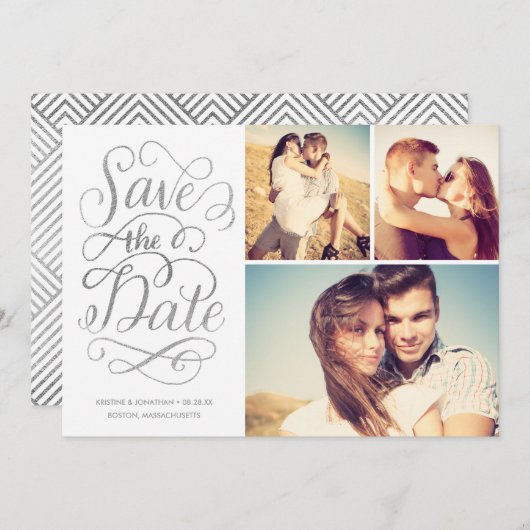 Gedetailleerde zilveren folieolie bespaart de datu save the date (Voorkant / Achterkant)