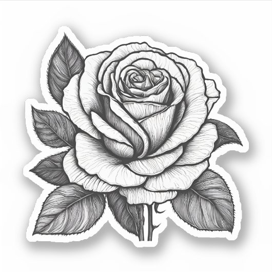 Gedetailleerde zwart-wit Rose Tekening Waterdicht Sticker (Voorkant)