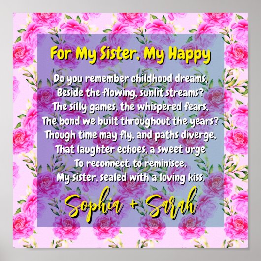 Gedicht cadeau voor mijn zus en roze bloemen | Her Poster (Voorkant)