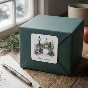 Gedicht Groene Rode Sneeuw Scandi Winter Kerst Kra Vierkante Sticker