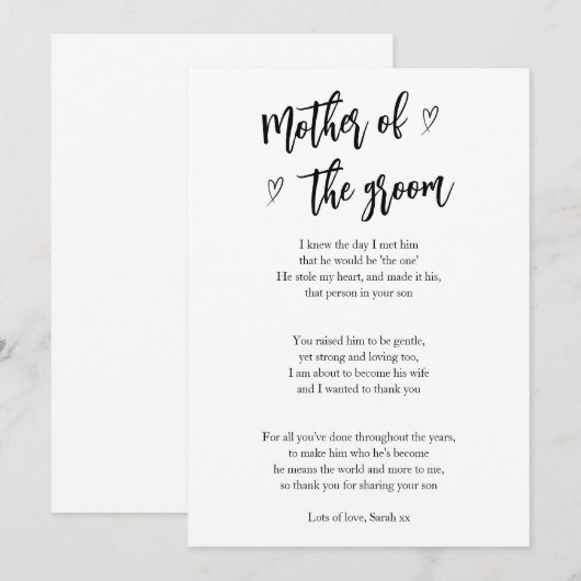 Gedicht Kaart Voor Moeder van de bruidegom harten (Voorkant / Achterkant)