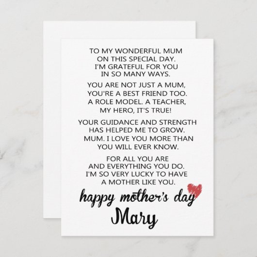 Gedicht Moederdag Kaart van Daughter, Moederdag (Voorkant / Achterkant)