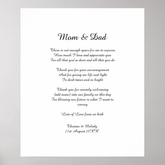 Gedicht Ouders Bride Groom Weddenschap Dank je cad Poster (Voorkant)