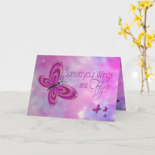 Gediplomeerde, GELUKWENSEN, Roze Vlinder Glitzy Kaart (Gele Bloem)